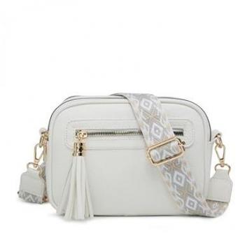 Tassel-Trimmed JFY Crossbody with Double Zipper Canvas Strap (White)