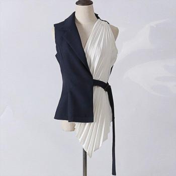 EAM Women's Spring Autumn V-Collar Sleeveless Vest in Blue with Pleated Asymmetrical Style YC311