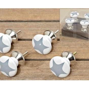 Door Handle Set of 4 Grey Star Pattern Porcelain