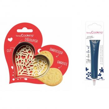 Set de biscuits en relief Coeur avec Stylo chocolat bleu nuit