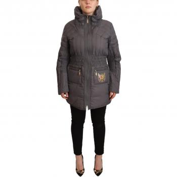 Roccobarocco Gray Puffer Jacket with Logo Details