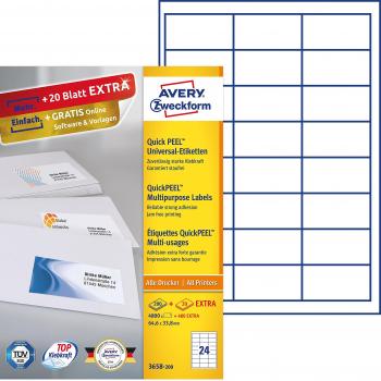 Avery Zweckform 3658-200 Labels 64.6 x 33.8 mm White Permanent Adhesive 4800 pcs