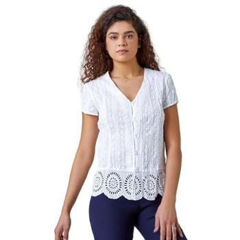 Blouse Romane à Pois Brodés, 100% Coton, Blanc
