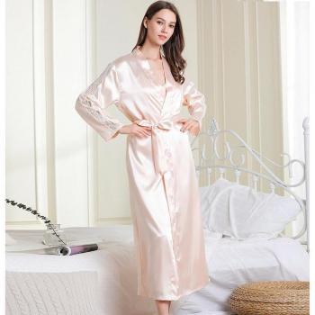 Peignoir Kimono Long en Satin Noir, Sexy, Col V, Sangle, Chemise de Nuit, Dentelle, Vêtements de Nuit