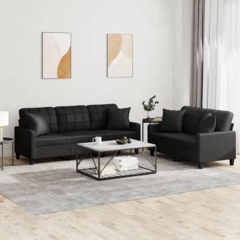 2 Piece Faux Leather Sofa Set in Black with Pillows