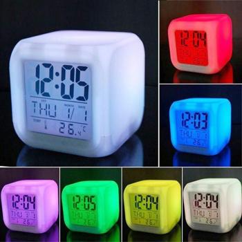 Multicolor LED Alarm Clock Cube with Night Glow and Thermometer