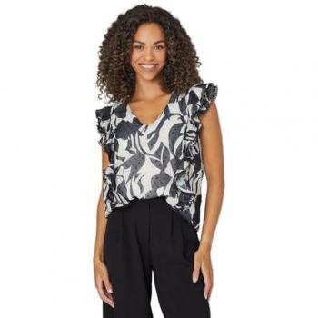 Monochrome Multi Women's Printed Dobby Ruffle Shell Top