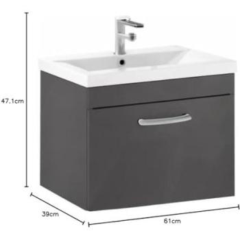 Nuie Athena 1‑Drawer Wall Hung Vanity with 600 mm Basin – Gloss Grey