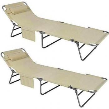SoBuy Set de 2 tumbonas plegables con almohada beige, Tumbona inclinable de Acero Plegable, adecuada para Playa, Piscina y Jardín