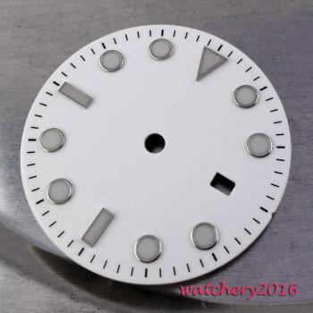 Esfera Masculina 31.3mm Blanca con Puntos Azules Luminosos y Agujero de Fecha, Compatible con Movimientos MingZhu 2813-4813