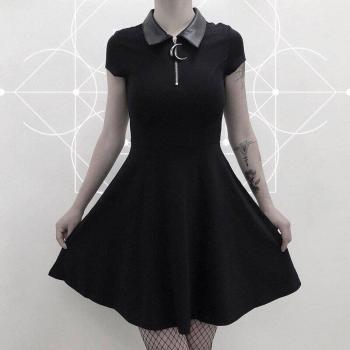 Women’s Gothic Pleated Dress with Leather Neck and Zipper