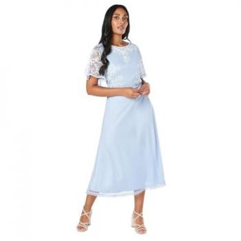 Petite Women's Blue Cornelli Slash Neck Dobby Midi Dress