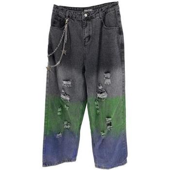 Gradient Ripped Jeans with Necklace for Men