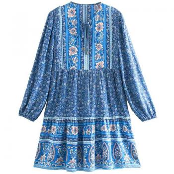 Autumn Blue Floral Mini Dress for Women