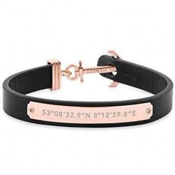 Braccialetto Paul Hewitt in Pelle Nera con Ancore e Placcatura Oro Rosa