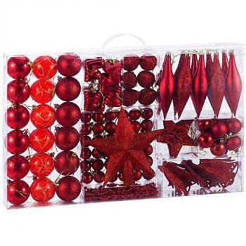 Decorazioni per Albero di Natale 102 Pz Rosso con Stelle e Pigne