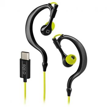 SBS Auricolari sportivi con archetto e 3 paia di gommini, Cuffie in-ear cablate USB tipo-C, Nero/Lime, Water resistant IPX5, Microfono incluso