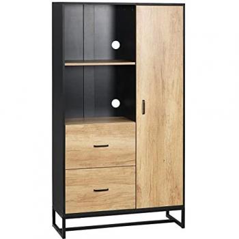Buffet haut multi-rangement en bois clair et métal noir avec 2 tiroirs, 1 porte, 2 niches et passe-câbles