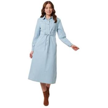 Izabel London Blue Midi Dress – Denim, Long Sleeves, Tie‑Waist, Size 18