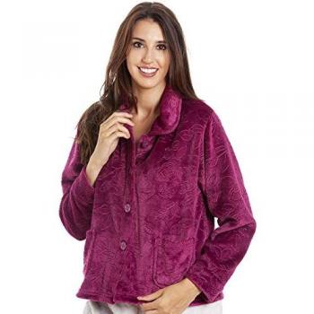 Camille Button-Up Bed Jacket with Rose Pattern, Burgundy
