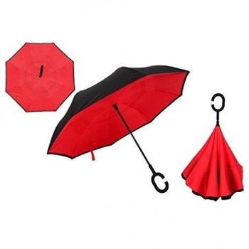 Paraguas Redondo Reversible con Palo Autoapoyo – Impermeable, Para Carros y Viajes, Color Rojo