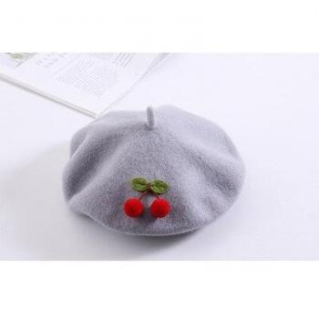 Boina infantil de cerezas, cálida y hecha a mano, estilo japonés, color puro, para otoño e invierno, 48-52CM