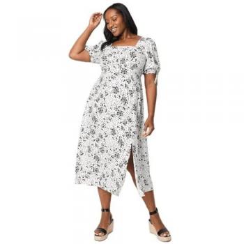 Womens Curve Ivory Floral Tie Sleeve Square Neck Midi Dress