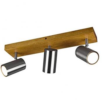 LED Deckenstrahler mit Dimmfunktion und wechselbaren LEDs, 3-flammig, Warmweiß, Holz-Balkenlampe, schwenkbare Lichtspots, Breite 44cm