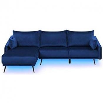 Modern Navy Blue Velvet Corner Sofa with LED Lighting and Chaise Longue
