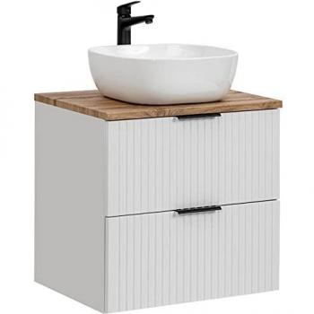 Badmöbel Waschtisch Unterschrank Set 60 cm matt weiß mit Wotaneiche und Keramik-Waschbecken, 2 Softclose Schubkästen