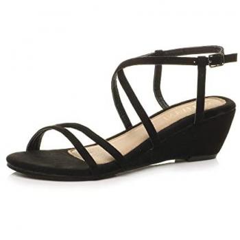 Ajvani Black Mid‑Heel Crossed‑Strap Wedges in Faux Suede