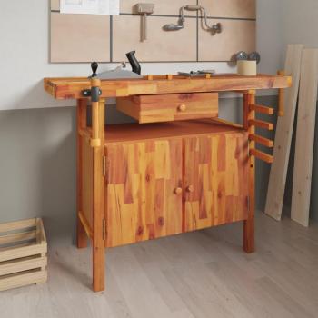 Établi en bois d'acacia avec tiroir et étaux 124x52x83 cm