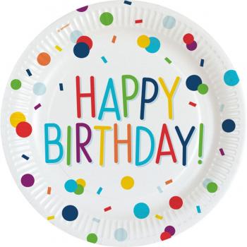Pack 8 Platos de Papel 23 cm Cumpleaños Confeti Ecológicos