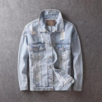 Veste hip hop homme en denim déchiré, rétro bleu clair, style coréen