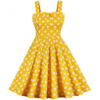 Robe jaune pin‑up années 50, évasée, bretelles spaghetti à pois
