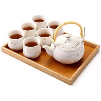 Dujust Japanese White Porcelain Tea Set with 1 Teapot Set, 6 Tea Cups, 1 Tea Tray