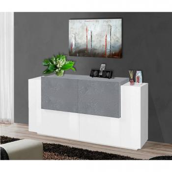 DMORA Omero – Buffet salon/cuisine 160×45×86 cm, Blanc brillant + Ciment