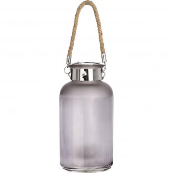 Frosted Grey Glass Lantern With Rope Detail And Led