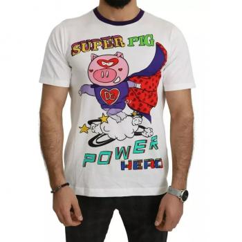 Dolce & Gabbana , White Cotton Super Power Pig T-shirt ,White male, Sizes: L