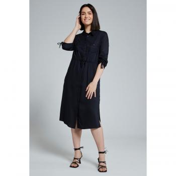 Abito Camicia in Lyocell Lucido con Bottone e Maniche a 3/4, Donna, Nero, Taglia: 24/26-56/58, Fibre Sintetiche