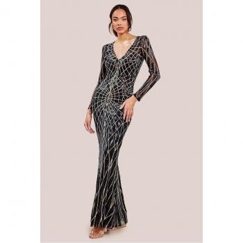 Geo Sequin Long Sleeve Black Maxi Dress