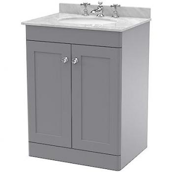 Classique 600mm Floor Standing Vanity Unit in Satin Grey with Grey Marble Top and Round Basin