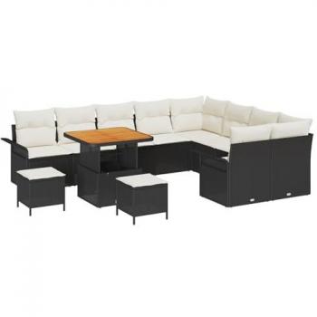 Canapé de Jardin 12 Pièces avec Coussins Noir et Crème