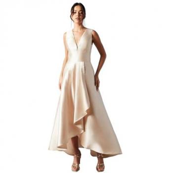 Flowing Twill Wedding Guest Dress – No Sleeves