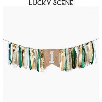 Bannière décorative chaise haute bébé satin lin vert or S00279