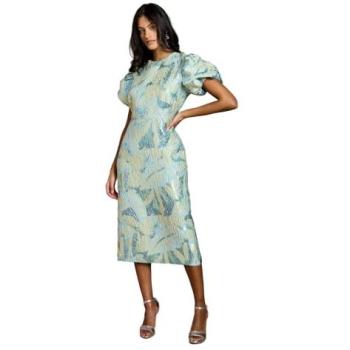 Green Coast Women's Petite Metallic Jacquard Puff Sleeve Dress