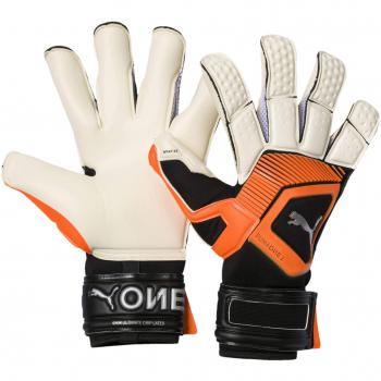 Puma Torwarthandschuhe One Grip 1 Hybrid Pro, Farbe Weiß/Schockorange/Schwarz/Silber, Größe 10