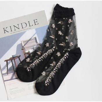 Calcetines de cristal ultrafinos y transpirables para mujer, con encaje y diseño floral, 1 par