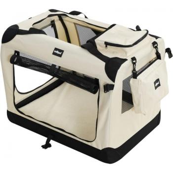 Scatola di Trasporto Pieghevole per Cane M – Beige, Traspirante, con Manici e Tasche