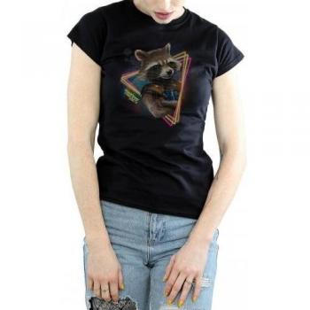 Camiseta negra para mujer Guardianes de la Galaxia Rocket Raccoon L de algodón neón